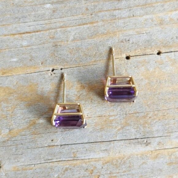 HP💎14k💎Gold Vintage Clyde Duneier Amethyst Emerald Cut Earrings NEW/NOS - Picture 8 of 10